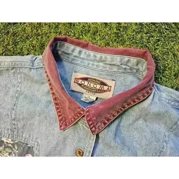 Vintage Sonoma Jeans Co Floral Denim Shirt Sz Large Petites Western Cowgirl Y2K - Picture 3 of 6